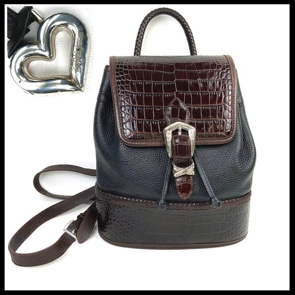 Brighton Backpack Purse Black Leather/Brown Croc Embossed Leather A519620 - Picture 1 of 16